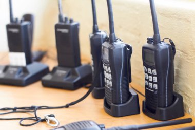 Charge, radio and walkie talkie for communication, equipment and battery with connection. Technology, tools and receiver with transmitter, portable and security with protection, energy and network. clipart