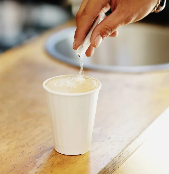 Cukor Kávé Kezek Személy Kávézó Cappuccino Étterem Vásárlás Kiskereskedelem Reggeli — Stock Fotó