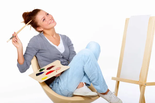 Happy Woman Painting Thinking Art Canvas Project Studio Talent Paint — Stock Photo, Image