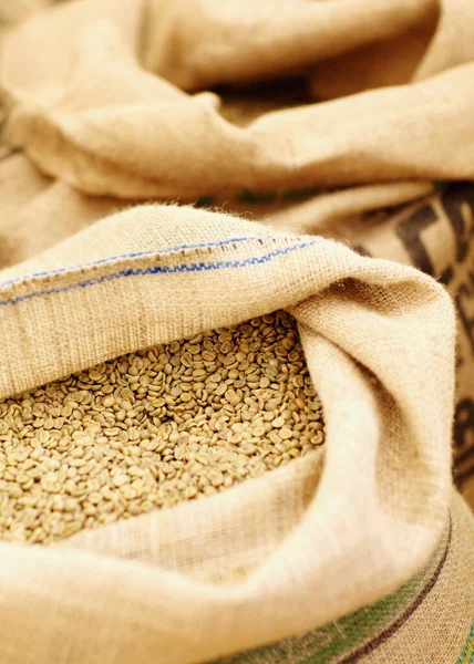 stock image Industry, natural and coffee beans in a burlap sack for rustic storage, import or packing. Production, texture and closeup of white grains of caffeine in a cloth bag for fresh, organic or raw product.