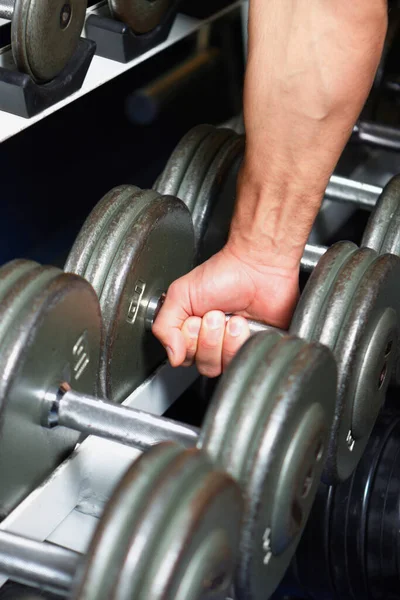 Hands Arm Dumbbell Workout Man Doing Power Exercise Club Fitness — Stock Photo, Image