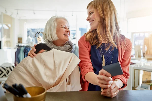 Its Your Turn Spoil Them Two Women Standing Checkout Counter — Stock Photo, Image