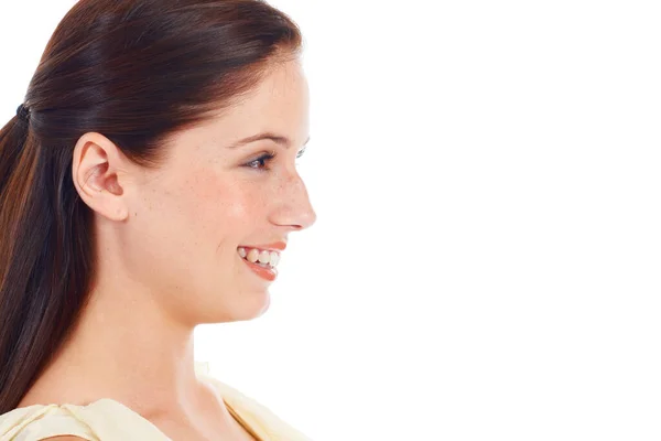 Perfil Facial Sonrisa Mujer Feliz Con Espacio Copia Maqueta Satisfacción —  Fotos de Stock