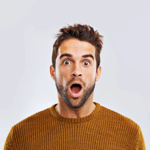Choque Surpresa Retrato Homem Estúdio Com Uma Expressão Facial Atitude — Fotografia de Stock