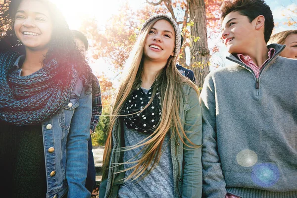 Barátokat Választjuk Egy Csapat Tinédzser Akik Együtt Élvezik Őszi Napot — Stock Fotó
