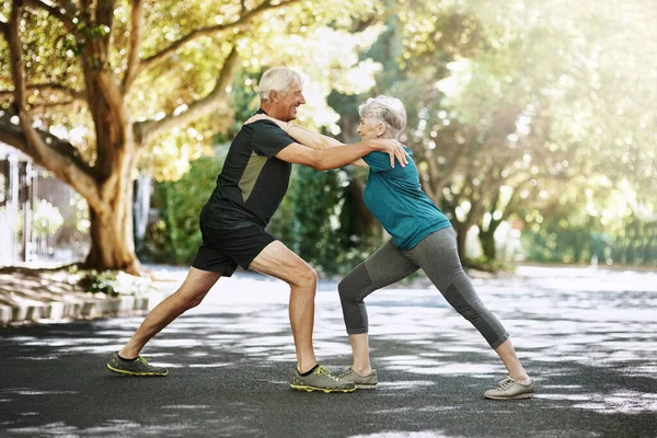 Supporting Each Other Path Fitness Senior Couple Warming Run Stock Image
