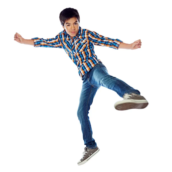 Hora Entrar Acción Estudio Joven Saltando Enérgicamente Sobre Fondo Blanco — Foto de Stock