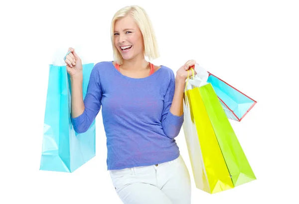 Shopaholic Ahoy Egy Izgatott Fiatal Kezében Bevásárló Táskák Miközben Elszigetelt — Stock Fotó
