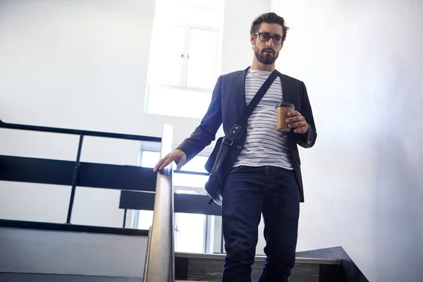 Ready Face Day Young Man Walking Staircase Holding Coffee — Stock Photo, Image