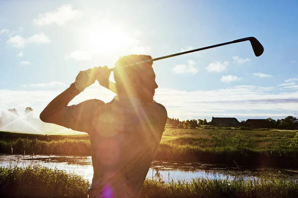 Hes Earned His Place Pros Man Practicing His Swing Golf — Stock Photo, Image