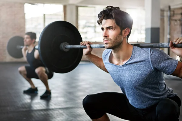Clean Jerk Young Men Working Out Weights Gym — Stock Photo, Image