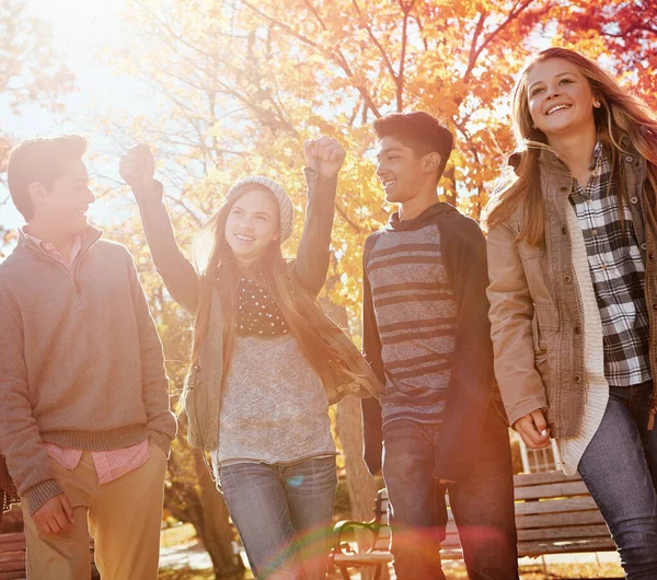 Diversão Nunca Pára Grupo Amigos Adolescentes Desfrutando Dia Outono Fora — Fotografia de Stock