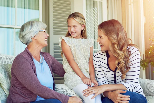Love Laughter Young Girl Sitting Her Mother Grandmother — Stock Photo, Image