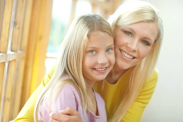 Enjoying Warmth Love Portrait Mother Daughter Sitting Window Sunny Day — Stock Photo, Image