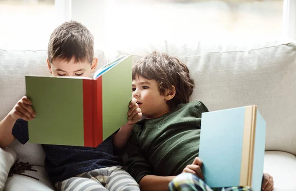 家庭让故事时间变得更好 两个可爱的兄弟一边看书 一边在家里沙发上放松一下 — 图库照片