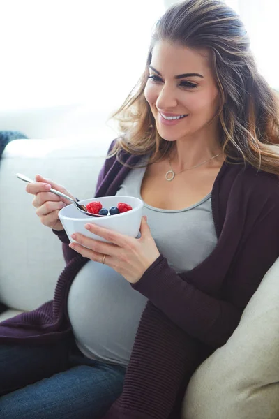 Shes Eating Two Attractive Young Pregnant Woman Eating Breakfast While — Stock Photo, Image