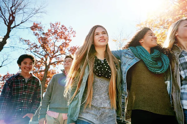 Att Dela Perfekt Dag Med Vänner Grupp Tonårsvänner Som Njuter — Stockfoto