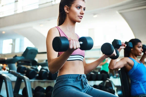 Making Most Her Muscles Attractive Young Women Working Out Dumbbells — Stock Photo, Image