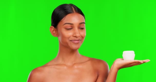 Красота Крем Порядке Женщиной Зеленом Фоне Экрана Студии Натурального Шкуры — стоковое видео