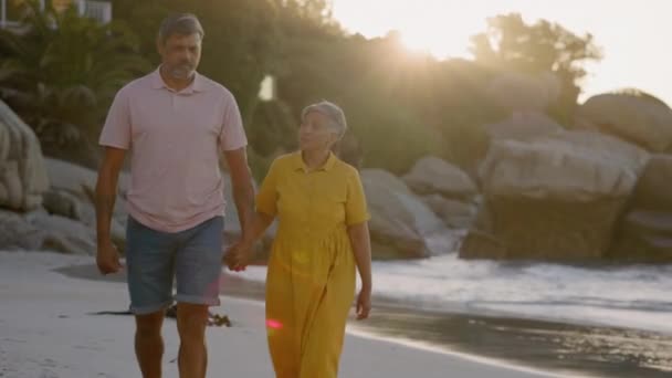 Retirement Couple Walking Beach Summer Vacation Holiday Relax Sunshine Flare — Stock Video
