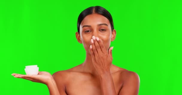 Beauty Cream Woman Blowing Kiss Green Screen Background Studio Skincare — Stock Video