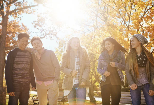 Kijelentkezés Kikapcsolás Menj Egy Csapat Tinédzser Akik Együtt Élvezik Őszi — Stock Fotó