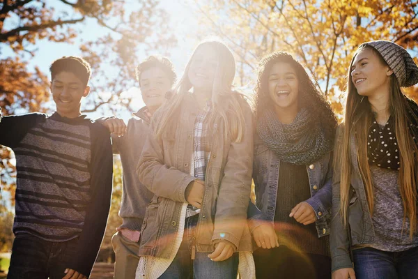 Élet Jobb Nevetsz Egy Csapat Tinédzser Akik Együtt Élvezik Őszi — Stock Fotó