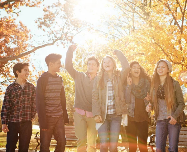 Apenas Boas Vibrações Grupo Amigos Adolescentes Desfrutando Dia Outono Fora — Fotografia de Stock