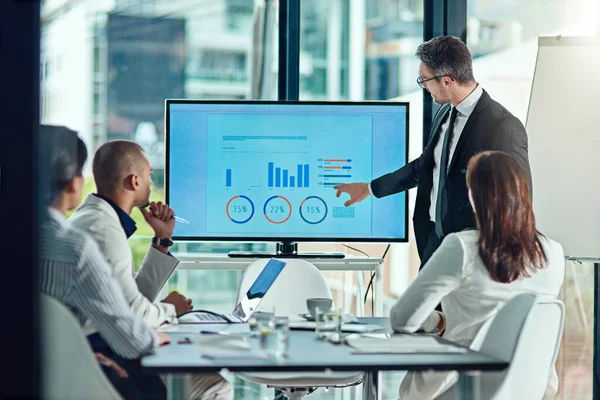 Using Visual Method Get His Point Businessman Delivering Presentation Boardroom — Stock Photo, Image