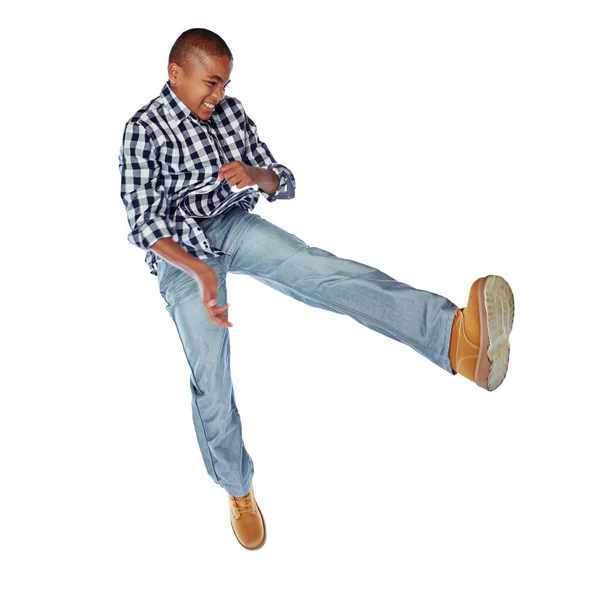 Inspired Move Studio Shot Young Boy Jumping Energetically White Background — Stock Photo, Image