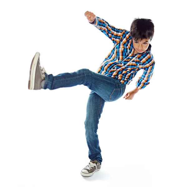Hýbe Studio Záběr Mladého Chlapce Tančící Bílém Pozadí — Stock fotografie