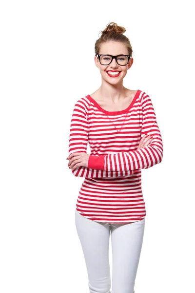 Najładniejszy Uśmiech Okolicy Studio Portret Atrakcyjnej Młodej Kobiety Okularach Odizolowanej — Zdjęcie stockowe
