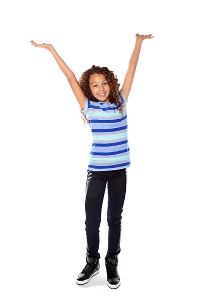 Подивіться Мене Росте Студійний Знімок Молодої Дівчини Веселяться Ентузіазмом Білому — стокове фото
