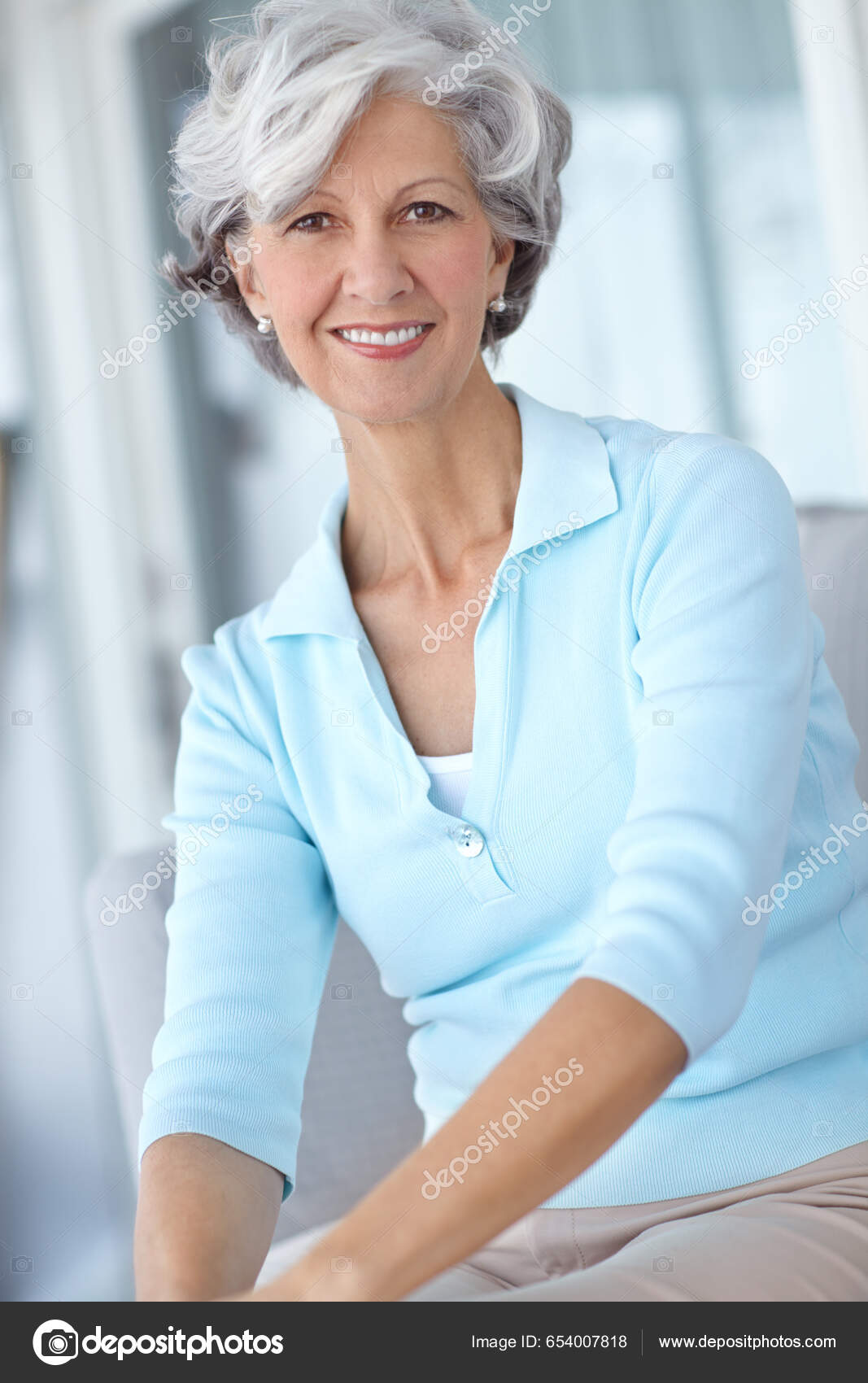 Portrait Happy Senior Woman Sitting Home Sofa Mature Woman Smiling