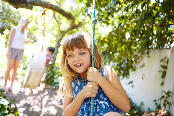 Simple Joys Swinging Young Girl Swinging Yard — Stock Photo, Image