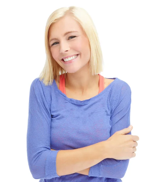 Шеш Отримав Чудову Посмішку Красива Молода Блондинка Ізольована Білому Тлі — стокове фото