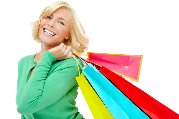Bevásárlószatyrokat Forgatja Levegőben Egy Izgatott Fiatal Kezében Bevásárló Táskák Miközben — Stock Fotó