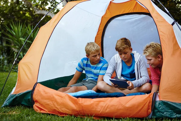 Camping Con Tecnología Tres Jóvenes Usando Una Tableta Digital Mientras —  Fotos de Stock