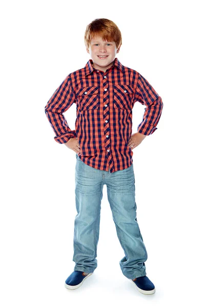 Хес Модель Дитини Студійний Портрет Хлопчика Який Позує Білому Тлі — стокове фото