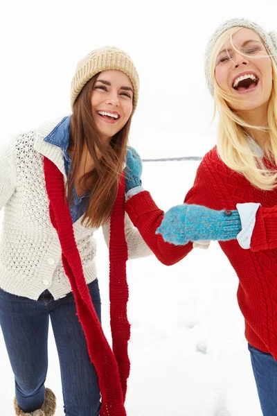 Lachen Houdt Ons Warm Twee Vrienden Lachen Samen Buiten Sneeuw — Stockfoto