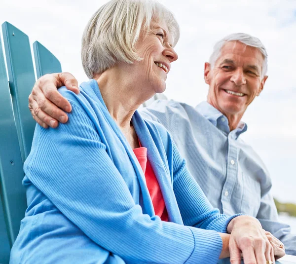 Reaping Pleasures Planned Retirement Affectionate Senior Couple Relaxing Chairs Together — Stock Photo, Image