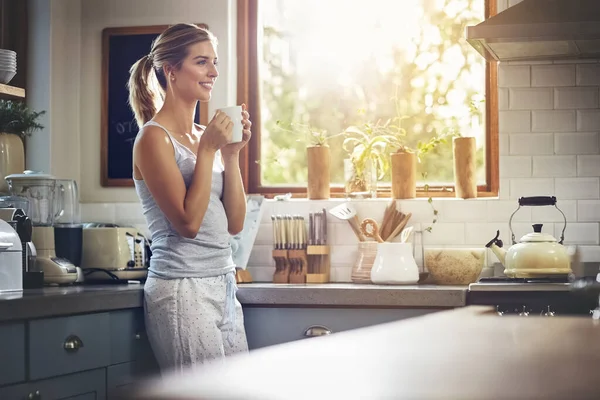 Coffee Helps Get Feet Out Door Young Woman Having Her — Stock Photo, Image