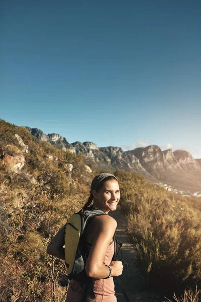 What Life Little Adventure Portrait Young Woman Out Hike Mountains — Stock Photo, Image