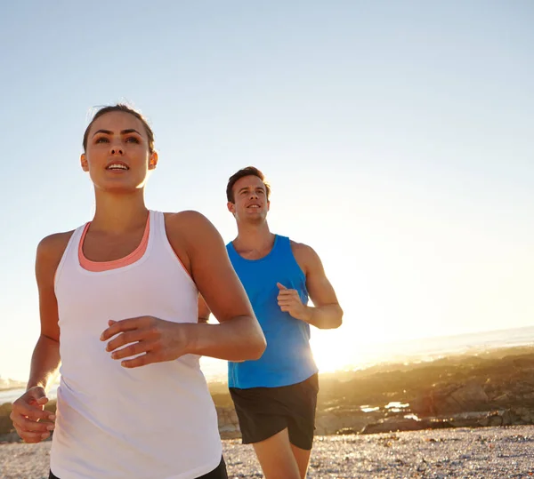 All Pays End Young Couple Jogging Together Beach — Stock Photo, Image