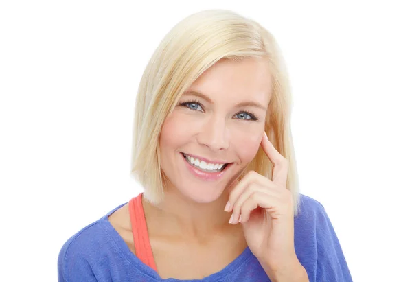 Uroczy Uśmiech Portret Głowy Ramion Pięknej Młodej Blondynki Odizolowanej Białym — Zdjęcie stockowe