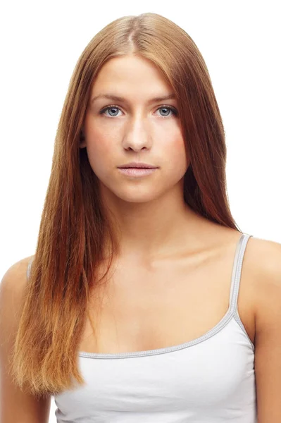 Молодий Впевнений Студійний Знімок Красивої Молодої Жінки Ізольовано Білому — стокове фото