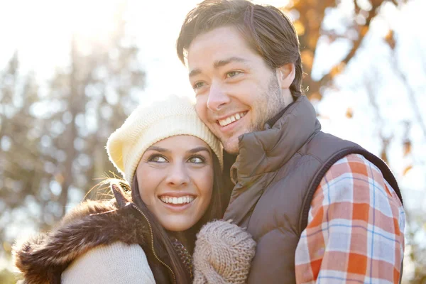 Love Warm Bright Autumn Leaves Loving Young Couple Embracing — Stock Photo, Image