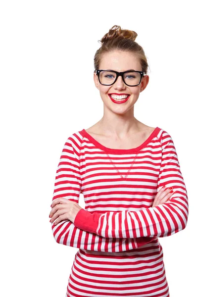 Uśmiechy Zawsze Modzie Studio Portret Atrakcyjnej Młodej Kobiety Okularach Odizolowanej — Zdjęcie stockowe