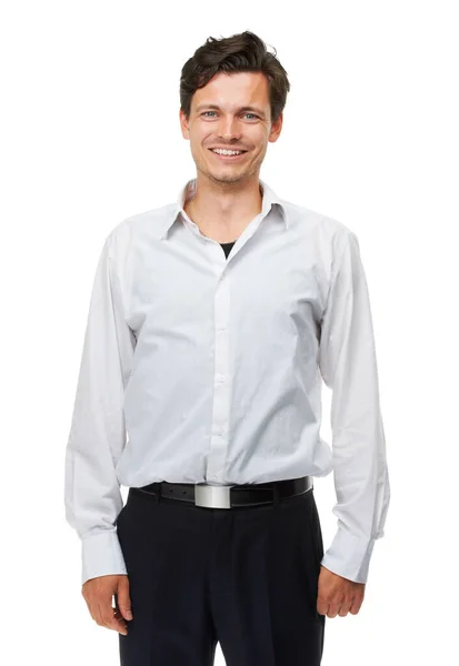 Empregado Leal Estúdio Retrato Homem Vestido Casualmente Isolado Branco — Fotografia de Stock