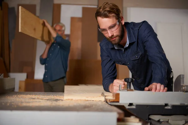 Another Busy Day Workshop Father Son Working Together Carpentry Project — Stock Photo, Image